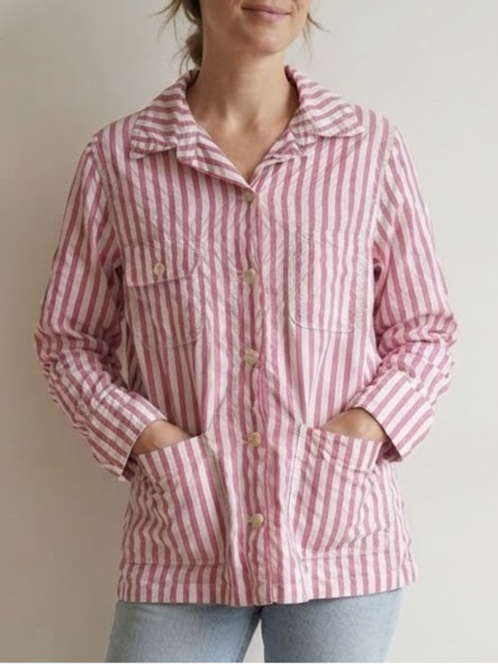 Urban Outfitters Sz L Textured Cotton Strip Pink Button Front Relaxed Shirt